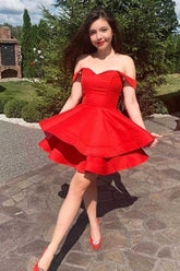 A-Line Red Satin Straps Short Prom Dress Homecoming Dress PD377