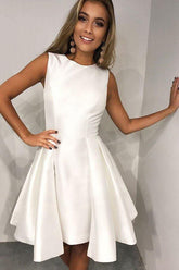 A-Line Round Neck Pleated White Satin Homecoming Party Dress