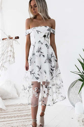 Vestidos de fiesta únicos de tul, sin mangas, con hombros descubiertos y corte en A.