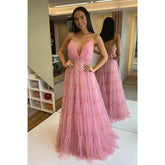 Vestido largo de noche formal de tul con escote en V, tirantes finos y corte en A