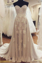 Vestidos de novia corte A, sin tirantes, escote corazón, con apliques de encaje WD359