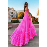 Vestido largo de baile de gala rosa sin tirantes de tul, corte en A, vestido de noche