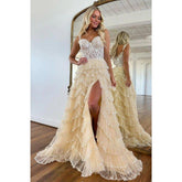 Vestidos de noche largos de fiesta con tirantes en línea A, apliques, efecto ilusión y brillos