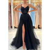 Vestido de fiesta formal de noche sin mangas, corte en A, escote corazón, apliques de tul y cuentas