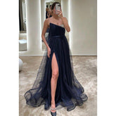 Vestido de fiesta sin mangas con escote en forma de A de tul con cuentas