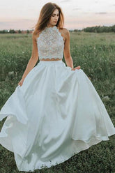 A Line Two Pieces Lace White Wedding Dresses With Pockets WD403