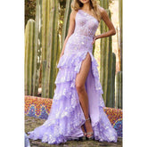 Vestido largo de fiesta de corte A, único, con un solo hombro, lentejuelas y apliques de encaje.