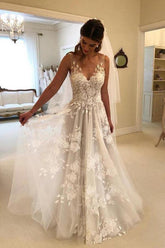Robe de mariée trapèze, col en V, dos nu, traîne balayée et appliques WD394