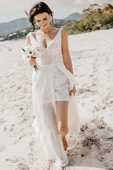 Vestido de novia/boda de playa largo, corte en A, escote en V, cola desmontable WD264
