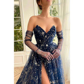 Vestido de fiesta de tul brillante con escote en V y pliegues en la parte delantera