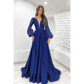 A-Line V-Neck Sequined Belt Long Sleeves Party Dress