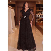 A-Line V-Neck Sequined Belt Long Sleeves Prom Evening Formal Dress