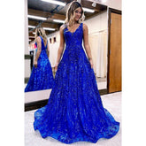 A-line V-neck Sequins Appliques Sparkly Prom Dress