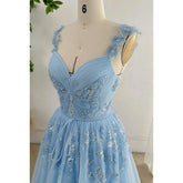 A-Line V-Neck Straps Appilique Tulle Formal Party Prom Dress
