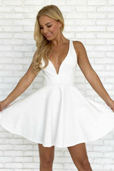 A-line White Straps Satin Backless Short Prom Dress Homecoming Dress