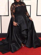 Vestidos de fiesta de talla grande, corte en A, elegantes, con cuello transparente, mangas largas, apliques y diseño asimétrico en satén.