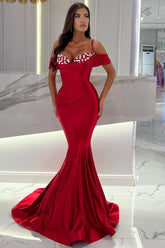 Red Mermaid Evening Dress Off-the-Shoulder Long With Crystals