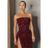 Vestido de fiesta de graduación brillante con lentejuelas, corte tubo sin tirantes y abertura lateral