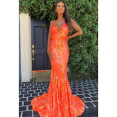 Vestido formal de noche de graduación sin mangas con escote en V, lentejuelas y cremallera, corte trompeta/sirena