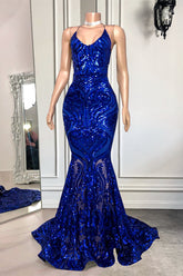 Robe de bal longue sirène à bretelles spaghetti et dos nu, ornée de sequins bleu roi