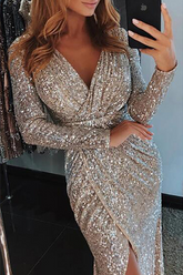 Robe de soirée élégante à sequins, unie et patchwork, col en V (5 couleurs)