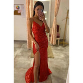 Robe de bal sirène sexy à col en V et paillettes rouges plissées avec fente