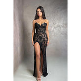 Vestido largo de noche de fiesta, corte tubo, de encaje transparente sin tirantes y con abertura