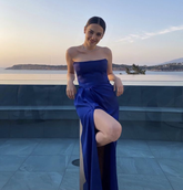 Sexy Strapless Royal Blue Slit Prom Dress Long Evening Dress Y7642