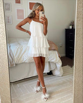 White Pleated One-shoulder Graduation Dress White Short Homecoming Dress Y1846