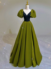 Robe de bal sexy verte en satin, col en V, manches bouffantes, robe de soirée Y7600