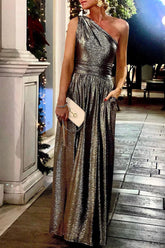 Vestidos de noche sexys, elegantes, de color bronce sólido, con lentejuelas y cuello oblicuo.