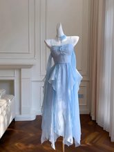 Robe de soirée simple bleue à fines bretelles en mousseline Y8581
