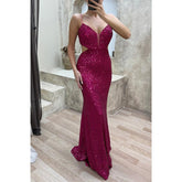 Robe de soirée longue à paillettes scintillantes et bretelles fourreau