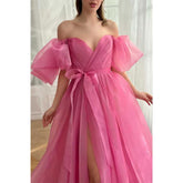 Robe de soirée trapèze en tulle à col en V et manches bouffantes avec fente latérale