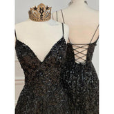 Robe de bal sexy à paillettes noires et col en V