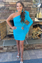 Sheath One Shoulder Blue Short Homecoming Dress with Feather