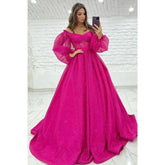 Vestido de fiesta único con hombros descubiertos, media manga y brillante