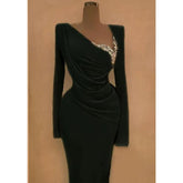 Sheath/column V-neck Beaded Pleats Black Long Prom Formal Dress