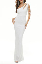 Vestidos de noche elegantes con lentejuelas sólidas y cuello oblicuo de celebridades