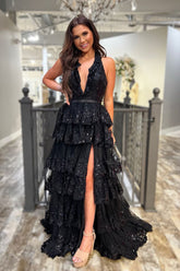 Black Tulle Appliques Halter Ruffle Tiered Long Prom Dress