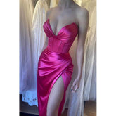 Robe de soirée longue rose élégante et sexy à col en V et fente