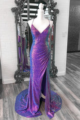 Anara | Robe de bal longue sirène à sequins violets irisés, col en V, laçage et fente