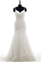 Vestidos de novia elegantes de sirena con tirantes finos y apliques