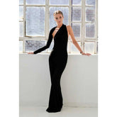 Vestido de noche de fiesta asimétrico con cuello halter y mangas largas