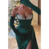 Vestido de fiesta de graduación asimétrico sin tirantes, con pliegues de cuentas y abertura lateral