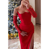 Vestido de noche asimétrico de corte imperio, sin tirantes, con pliegues y abertura lateral para fiesta de graduación