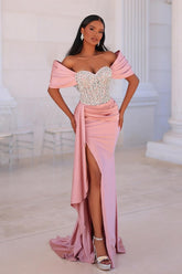 Attractive Long Pink Mermaid Off-the-shoulder Lace Beading Prom Dress with Slit