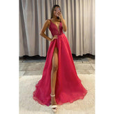 Atractivo vestido de fiesta largo con escote en V y falda desmontable con abertura