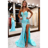 Atractivo vestido de fiesta con escote en V, apliques de encaje y lentejuelas con abertura