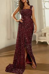 Robes de soirée sexy à sequins unis, fendues et à col carré